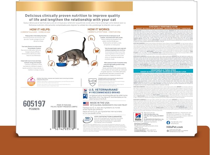 Hill's Prescription Diet k/d Variety Pack Wet Cat Food | #1 Veterinarian Recommended, Chicken & Vegetable Stew, Vegetable & Tuna Stew, 2.9 oz. Cans, 24-Pack