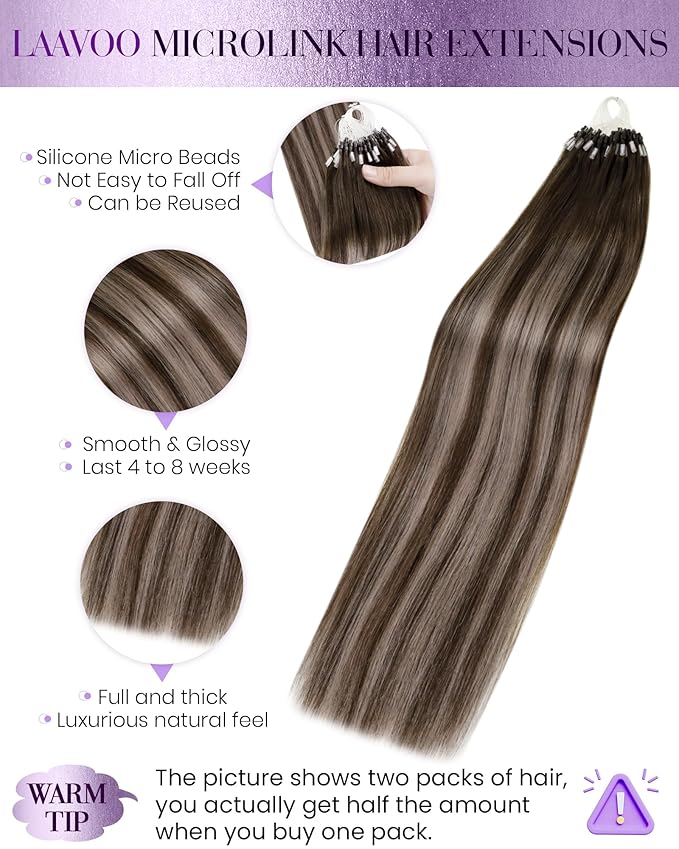 LaaVoo Microlink Hair Extensions Human Hair Brown Micro Beads Hair Extension Balayage Dark Brown to Ash Brown Mix Brown Micro Extensions Human Hair 22 Inch 50g 50s