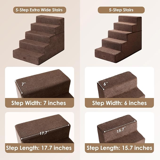 EHEYCIGA Dog Stairs for High Bed 25" H, Extra Wide Dog 5-Step, Brown | Pet Steps for Small Dogs and Cats for Bed, Non-Slip Balanced Pet Ramp Indoor