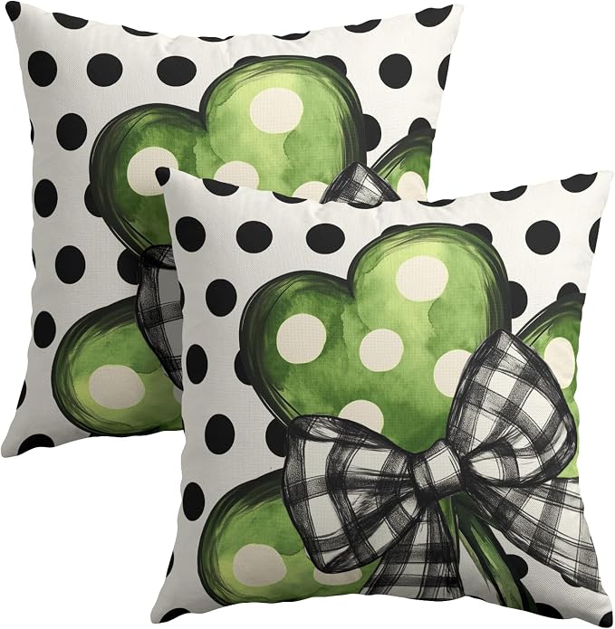 Kawani St Patricks Day Pillow Covers 16x16 Set of 2 Green Lucky Shamrock Leaf Polka Dots Pillowcase Cotton Linen Square Cushion Case for Couch Sofa Bedroom Living Room Outdoor Decor