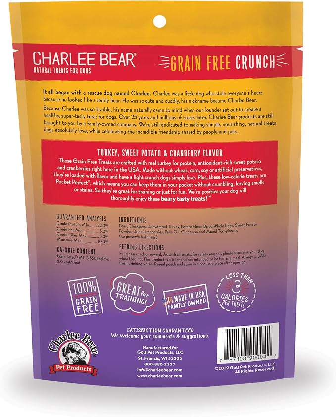 Charlee Bear Crunch Grain Free Dog Treats,Turkey,Sweet Potato and Cranberry,8 Ounce Resealable Bag,Low Calorie Training Treats for Dogs,Limited Ingredient, Crunchy Dog Snacks, Made in USA (Pack of 2)