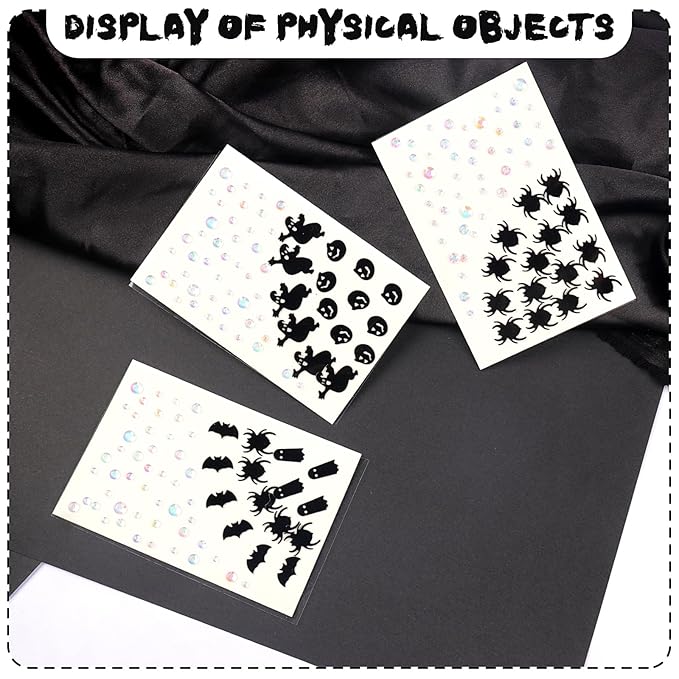 Halloween Black Face Stickers Gems for Makeup, 3 Sheets Spooky Spider Witch Bat Face Glitter Rhinestone jewels, Self Adhesive Face Eye Nail Body Gems Stick on for Boo Rave Festival Accessories
