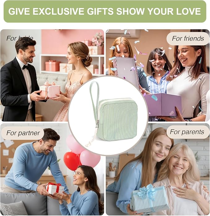 Corduroy Period Pouch for Women, Cute Sanitary Pad Pouch with Zipper, Portable Tampon Holder for Purse, Sanitary Napkin Storage Bag for Travel (Stripes Green White)