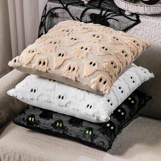 DFXSZ Halloween Pillow Covers 22x22 inch 2Pcs White Ghost Halloween Decor | Halloween Decorations Set of 2 Throw Pillow Cases Plush Faux Fur Wool Cushion for Chair Sofa Bedroom Living Room Home Decor