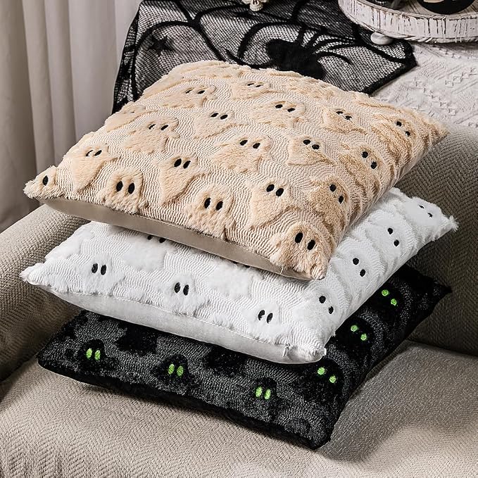 DFXSZ Halloween Pillow Covers 20x20 inch 2Pcs Black Ghost Halloween Decor | Halloween Decorations Set of 2 Throw Pillow Cases Plush Faux Fur Wool Cushion for Chair Sofa Bedroom Living Room Home Decor