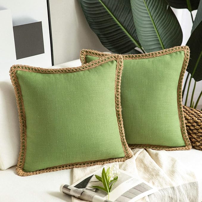 Phantoscope Pack of 2 Farmhouse Decorative Throw Pillow Covers Burlap Linen Pillow Covers Trimmed Tailored Edges Green 20 x 20 inches, 50 x 50 cm