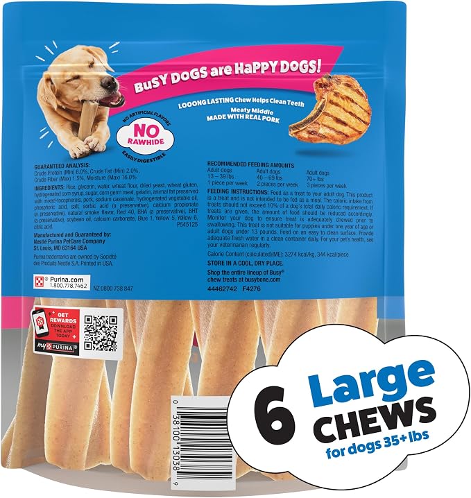Purina Busy Bone Adult Large Dog Chew Treats, Original, 6 ct Pouch | Rawhide free chew with a real meat center for dogs 35+ lbs, long lasting chew that helps clean teeth
