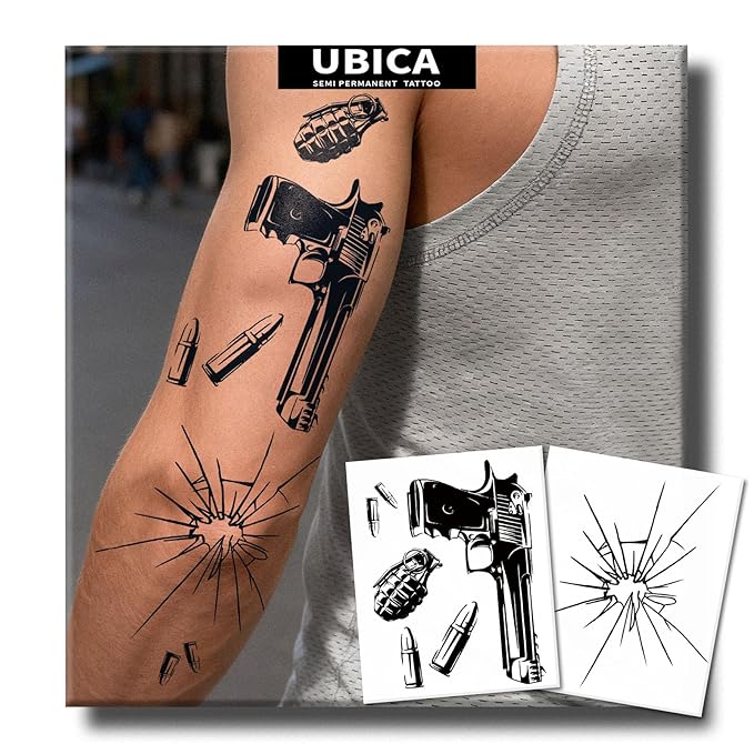 Tattoo Tech, 2 Weeks Lasting Tactical Weapons Semi Permanent Tattoo, Temporary Fake Tattoos For Men Adults Arm Hand Neck, Realistic, Waterproof and Non-Reflective, 2 Sheets