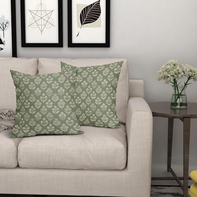 Sage Green Floral Block Print Pillow Covers 16x16 Inch Set of 2, Vintage Flower Pattern Decorative Throw Pillowcases Outdoor Farmhouse Cushion Covers Spring Summer Rustic Sofa Couch Bed Decor