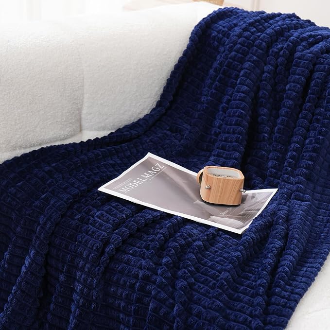 Puncuntex Fleece Throw Blanket Navy Blue 50"×60" with Square Grid Design | Super Soft Plush Cozy Flannel Throw Blanket Luxury for Couch Sofa Chair