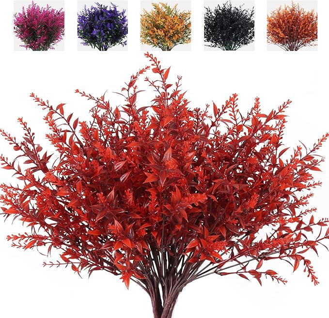 RECUTMS Artificial Greenery for Outdoors Lavender Fall Fake Plants Burgundy | 8Pcs,Fake Flowers Outside UV Resistant Faux Greenery Artificial Plants Faux Flowers for Fall Wedding Yard Window Autumn Decor