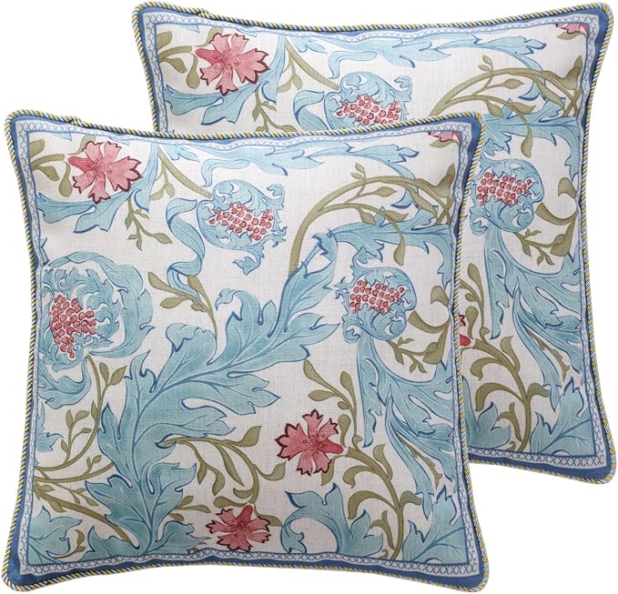 patdrea Designer Vintage Linen Throw Pillow Cover,18"x18",Set of 2-Fromm A | Luxury Decorative Pillow Case with Zipper,Blue Floral Pattern,Pillow Cover for Couch Living Room Bedroom Sofa