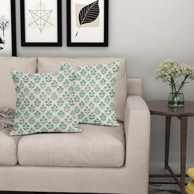 Teal Grey Gray Floral Pillow Covers 22x22 Inch Set of 2, Vintage Flower Block Print Pattern Decorative Throw Pillowcases Outdoor Farmhouse Cushion Covers Spring Summer Rustic Sofa Couch Bed Decor