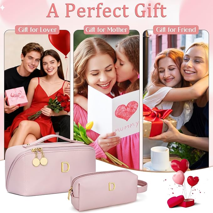 KKXIU Initial Makeup Bag for Women - Personalized Makeup Bag Gifts for Women, Travel Toiletry Bag with PU Leather, Open Flat Design with Top Handle, Cosmetic Bag Set with Multi-Pocket (Pink,D)