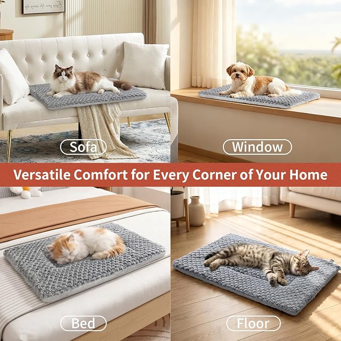 Cat Bed for Indoor Cats, Self Warming Basketweave Chenille Fur Mat | 23.6"x15.7", Faux Rabbit Fur in Basketweave, Silent Crinkle-Free, Double-Sided Cozy, Non-Slip Bottom, Machine Washable