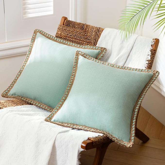 Phantoscope Pack of 2 Farmhouse Decorative Throw Pillow Covers Burlap Linen Trimmed Tailored Edges Light Turquoise 20 x 20 inches, 50 x 50 cm