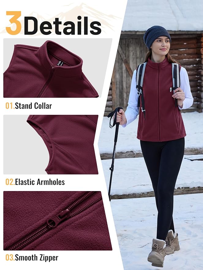 TACVASEN Women's Fleece Vest Lightweight Sleeveless Zip Jacket Outerwear | Soft Polar,Zipper Pockets,Stand Collar,Fall Winter Warm,Outdoor,Athletic,Running,Hiking,Travelling,Golf,Work