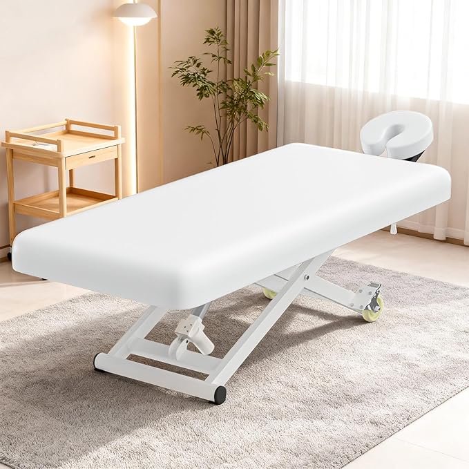 Electric Massage Table Bed - Facial Spa Treatment Table, Esthetician Bed with Wheel, Hand & Foot Pedal Dual Control Adjustable Height 440lbs, Professional Salon & Beauty Spa Use (White)