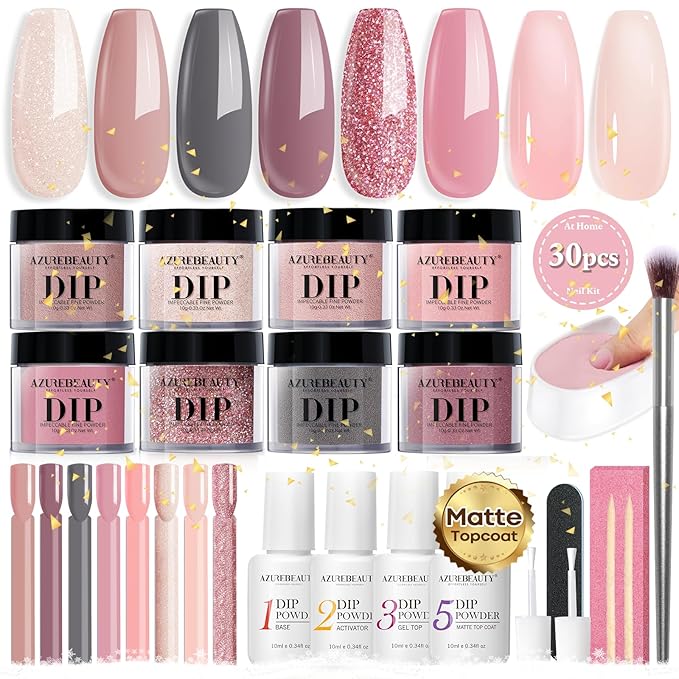 AZUREBEAUTY 30Pcs Dip Powder Nail Kit Starter with Nail Sticks, Translucent Jelly Nude Pink Gary 8 Colors Dipping Liquid Set Added Matte Top Coat Recycling Tray for Manicure Salon DIY Home
