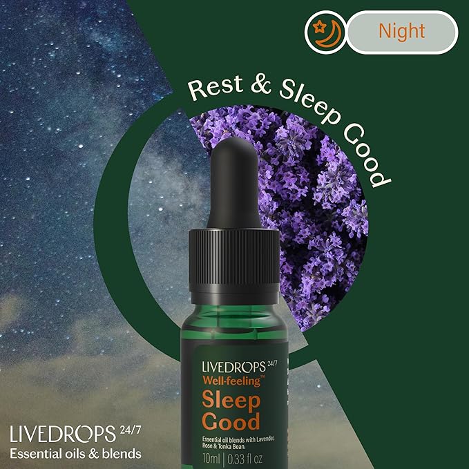 LIVEDROPS 24/7 Sleep Good Essential Oil Blend - Crafted in France - Lavender & Rose - Pure & Natural - Aromatherapy - Skin Safe & Diffuser Compatible - Clinically Tested