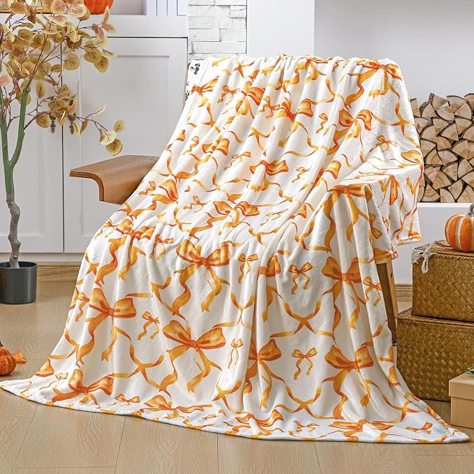 Orange Bow Throw Blanket 50"x60" Soft Flannel for Girls Women | Coquette Aesthetic Decor with Ruffled Edges, Ultra Plush Bed Sofa Blanket, Preppy Gift for Teens, Back to School Dorm Room