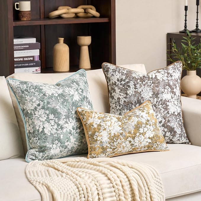 Alerfa Brown Neutral Floral Pillow Cover 18 x 18 Inch, Vintage Chenille Square Couch Pillow Cover Soft Decorative Farmhouse Accent Pillowcase for Living Room Bedroom