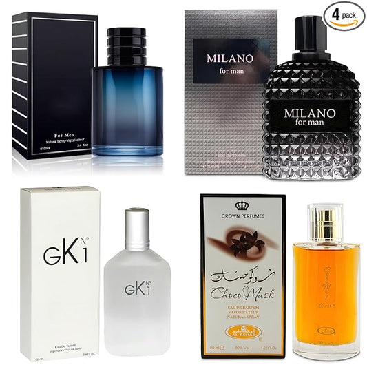 AFLUXE 4-Piece Cologne for Men Includes Choco Musk/SE/GK N1/Milano Scent of Woody, Spicy, Citrus & Aromatic eau de parfum Men Gift Set Each 100Ml for Daily Use