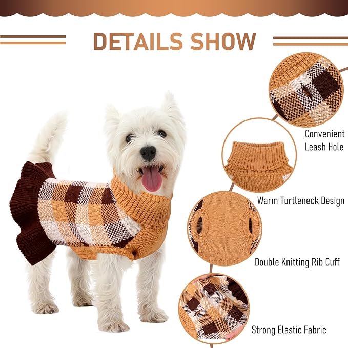 Dog Sweater Dress Plaid Knitwear for Small Medium Dogs Warm Puppy Pet Turtleneck Stretch Pullover Cute Fall Winter Vest Clothes with Leash Hole for Christmas (Coffee, XS)