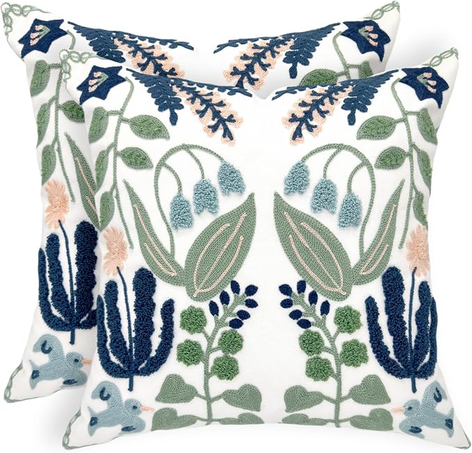 Alysheer Floral Embroidered Spring Decorative Throw Pillow Covers 20"x 20" Set of 2, Farmhouse Cottage Navy Blue Green Flowers Leaves Knit Pattern Cotton Canvas Cushion Case for Couch Bed Living Room