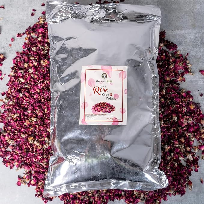 Cure With Pure Dried Rose Buds & Dried Rose Petals 1LB Edible Rosebuds & Dried Roses For Tea, Baking, Relaxing Bath, Rose Water, & Potpourri Handpicked, Preservative Free Edible Dry Rose Petals