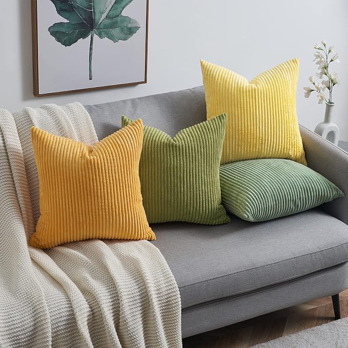Topfinel 12x12 inch 4 Pack Decorative Throw Pillow Covers,Soft Velvet Modern Double-Sided Designs, Mix and Match for Home Fall Decor, Cushion Covers Set of 4 (Yellow/Green)