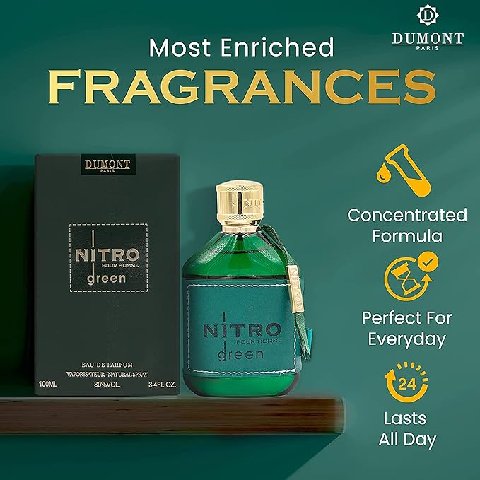 Dumont Nitro Green 3.4 Fl Oz Eau De Parfum for Men – Citrus Fresh Aromatic Fragrance – Luxurious Long Lasting Scent