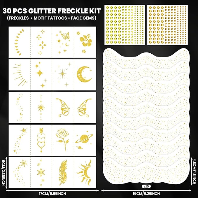 30PCS Glitter Freckles Face Tattoos & Face Gems Set, Classic Gold Glitter Temporary Tattoos Makeup Patches, Fake Freckles Face Glitter for Women’s Rave Outfits & Accessories