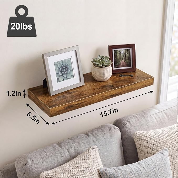 Fixwal Floating Wall Shelves for Decor (Rustic Brown, Set of 6, 15.7 Inch) | MDF Shelves with Metal Brackets, Space Saving for Books, Decor, Works in Bathroom, Kitchen, Living Room, Bedroom