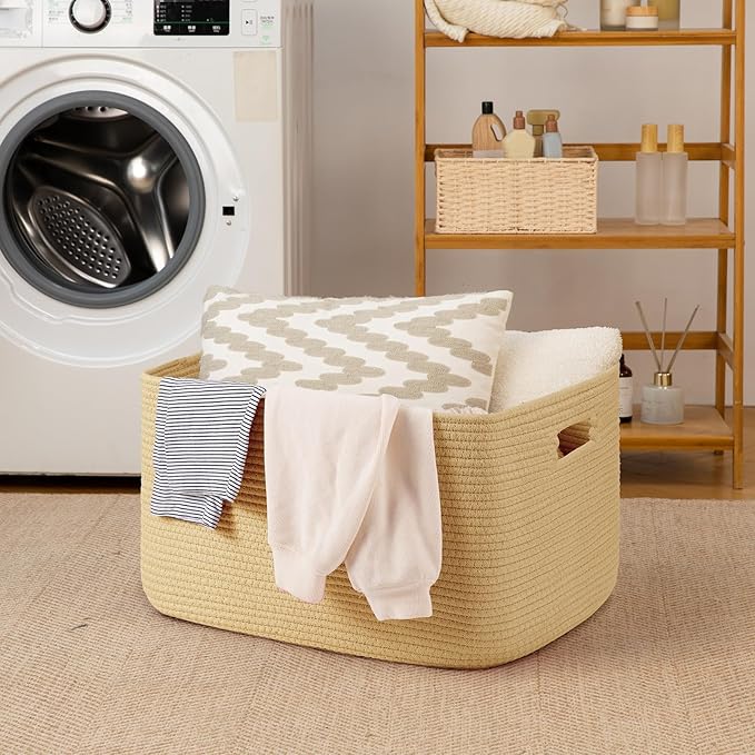 OIAHOMY 75L Large Blanket Basket, Woven Cotton Rope Baskets for Organizing 22”x17”x12”, Blanket Basket living Room, Toy Storage Bins for Nursery, Yellow