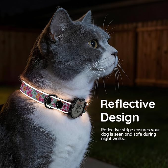 Breakaway Cat Collar QR Code, Reflective Bell, Adjustable Kitten Red Flower