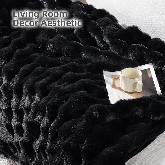 Faux Rabbit Fur Throw for Couch - Black Bubble Blanket 50"x60" | Fluffy Plush Fuzzy Throw for Sofa & Bed, Super Soft Cozy Comfrt Blanket, Luxury Aesthetic Black Decor Gift for Women