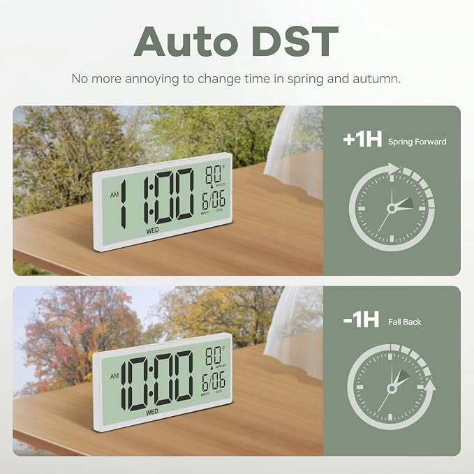JALL Large Digital Wall Clock Battery Operated, Wall Clock with Big Numbers LCD Display, Digital Clock with Simultaneous Date Day Temperature, Auto DST, Clocks for Office, Gym, Bedroom, Elderly- White