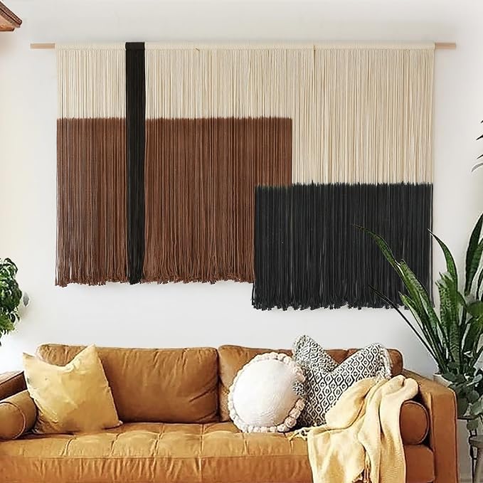 Macrame Wall Hanging Large Dip Dyed Brown Boho Fiber Art Decor 57"W*35"L | Boho Wall Hanging, Large Wall Decor, Woven Fiber Art, Brown Dip Dyed Design, Handmade Textile Artwork,for Bedroom Living Room