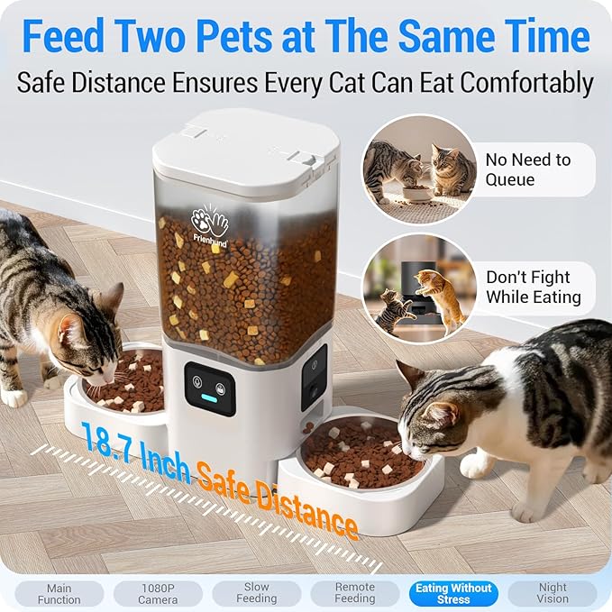 Frienhund Automatic Cat Feeder with Two 1080P Camera for 2 Cats: 7L Automatic Dog Feeder with Night Vision & Slow Feed, 5G WiFi Auto Cat Food Dispenser for Multiple Pet,Detachable for Clean(ACF180W-C)