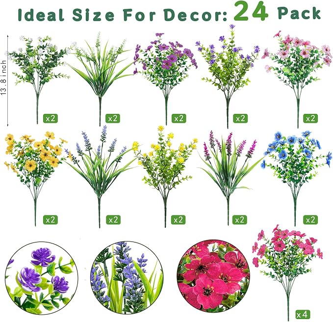 24 Pcs Mixed Artificial Flowers for Outdoors Home Decorations | Fake silk flowers, plastic plants, faux lavender, UV resistant for garden patio window box office table kitchen home decor