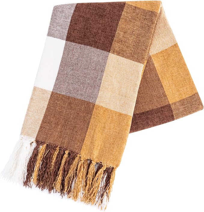 RECYCO Buffalo Plaid Chenille Throw Blanket, 50"x60", Brown Off White | Super Soft Knit Throw Blanket with Tassels, Lightweight, Cozy, Farmhouse Decor, Ideal for Couch Sofa Chair Bed Living Room