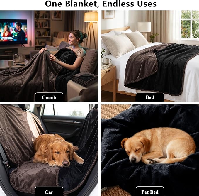 Waterproof Blanket - Reversible Dog Throw as Furniture Protector | Soft Velvet & Flannel, TPU Leak-Proof Liner, Machine Washable, Fits Couch and Bed, 68" x 82", Lightbrown/Darkbrown