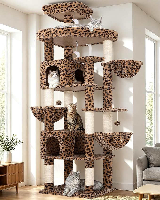 Globlazer Extra Large Leopard Cat Tree 82in Tall Heavy Duty Cat Tree for Indoor Cats Large Adult Big Cat Tower with 8 Scratching Posts, 2 Condos, 2 Padded Perches, 3 Baskets, S82, Leopard Print