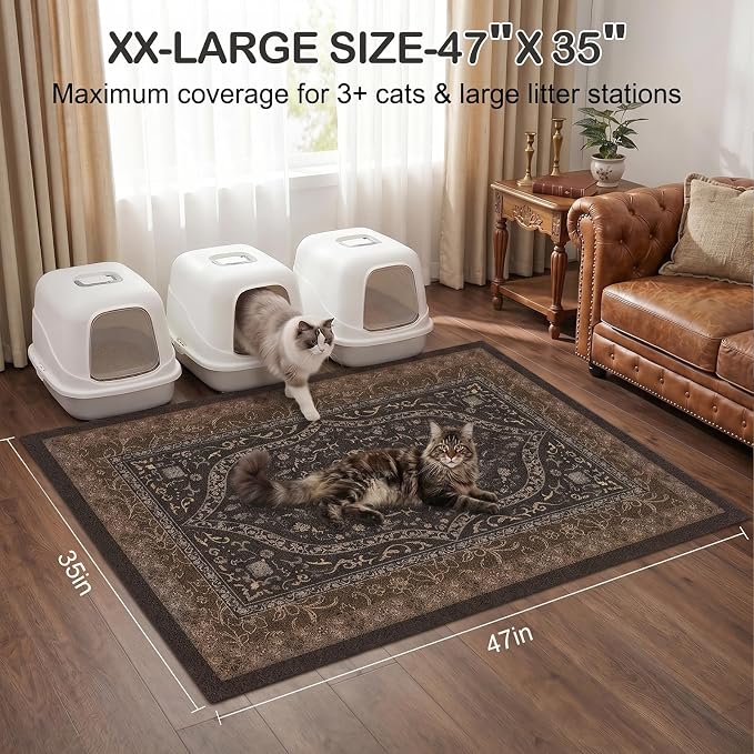 Glittme Cat Litter Mat, 47"x35" Non-Slip Washable Trapping Mat for Cats | Litter Trapping Mat With Thick PVC Coil To Catch Scatter, Soft On Paws And Waterproof Bottom To Protect Floors