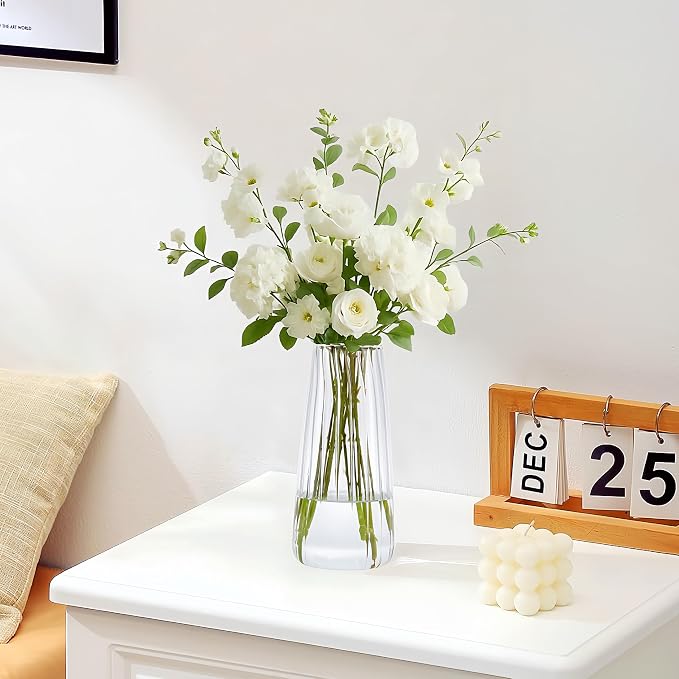 Clear Glass Vase for Flowers, Ribbed Flower Vase for Home Decor, 8.3in H | Modern Glass Vases Centerpieces for Living Room,Bedroom,Dining Room,Bathroom,Office,Wedding, Housewarming Valentine Gifts