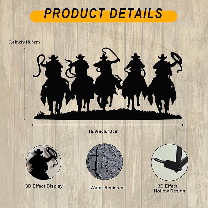 Black Metal Cowboy Wall Art, 3D Western Decor for Living Room, Rustic | Rustic 3D black metal cowboy sculpture, brings Western charm to living rooms, dens, or man caves