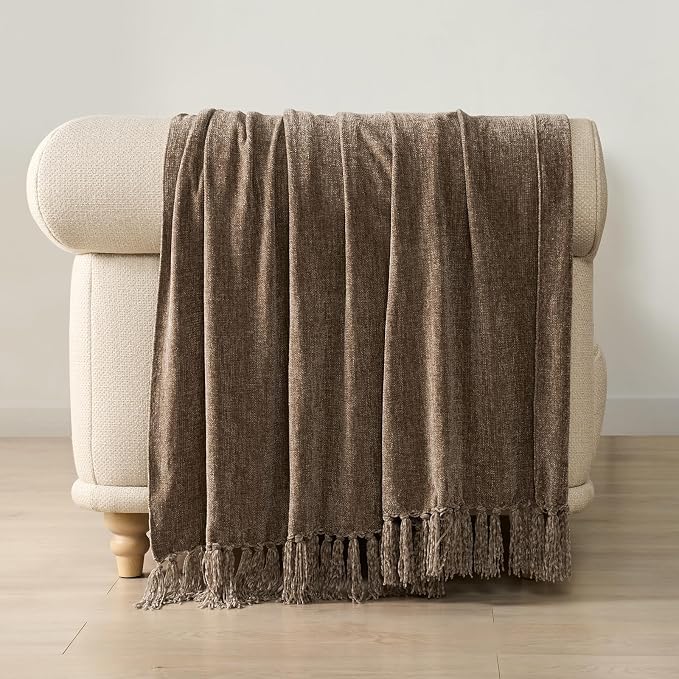 Chenille Knit Throw Blanket for Couch, 50"x60", Mocha Brown | Cozy Plush Fuzzy Knittd Throw with Tassels, Lightweight, Decorative, Farmhouse Decor, Ideal for Bed Sofa Gift, All Seasons