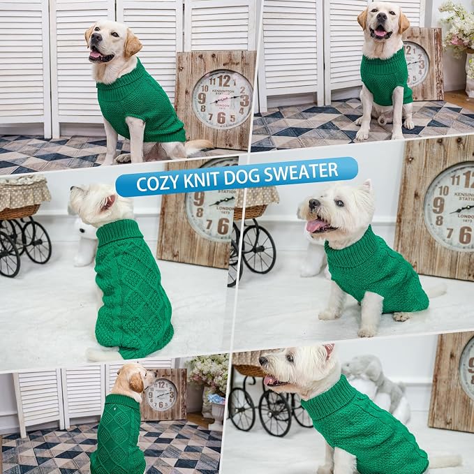 Mihachi Turtleneck Dog Sweater - Winter Coat Apparel Classic Cable Knit Clothes with Leash Hole for Cold Weather, Ideal Gift for Pet in New Year Green 2XL