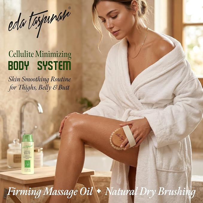Eda Taşpınar Cellulite Minimizing Body System | Firming Massage Oil + Natural Dry Brushing Body Brush | Skin Smoothing Routine for Thighs, Belly & Butt | Non Greasy Hydrating Oil
